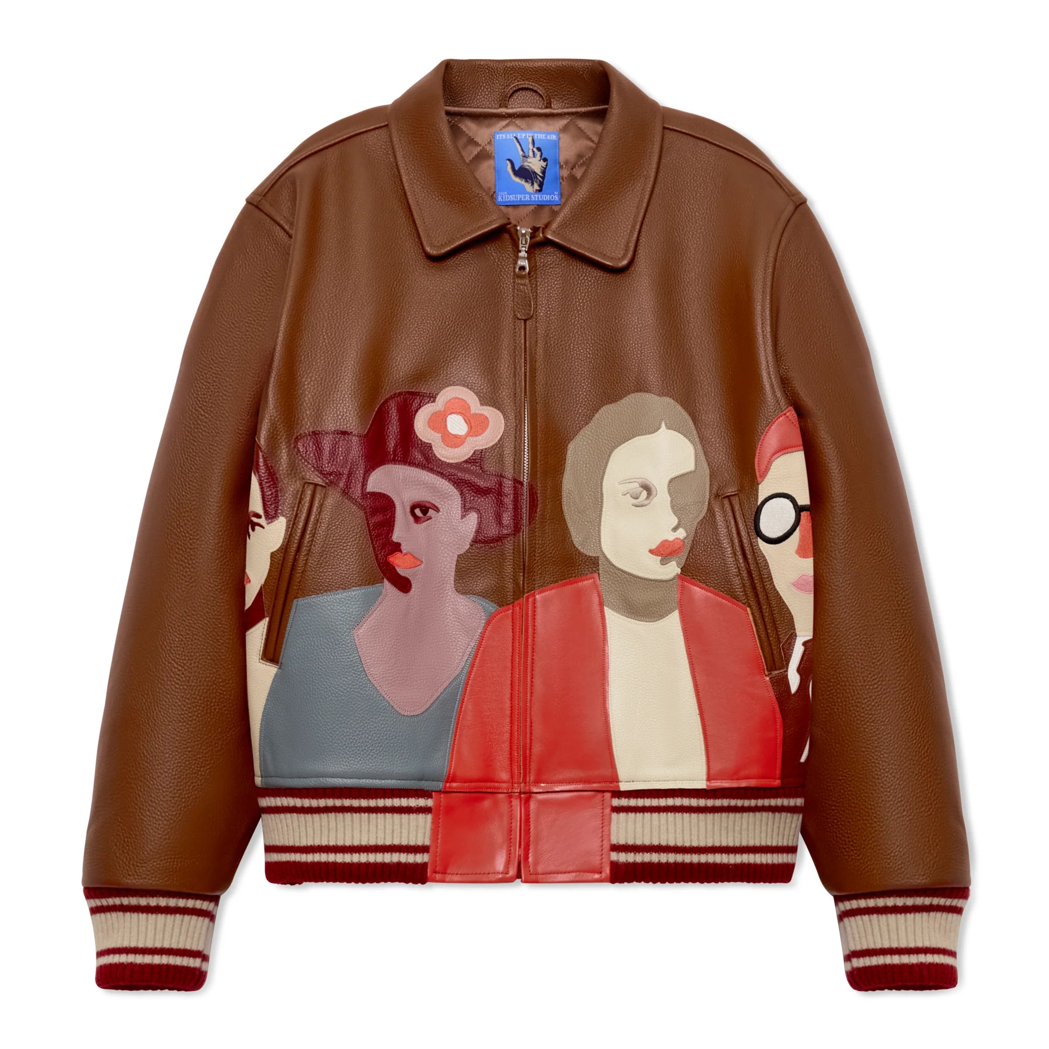 Kidsuper Patchwork Portraits Leather Varsity Jacket 'Brown