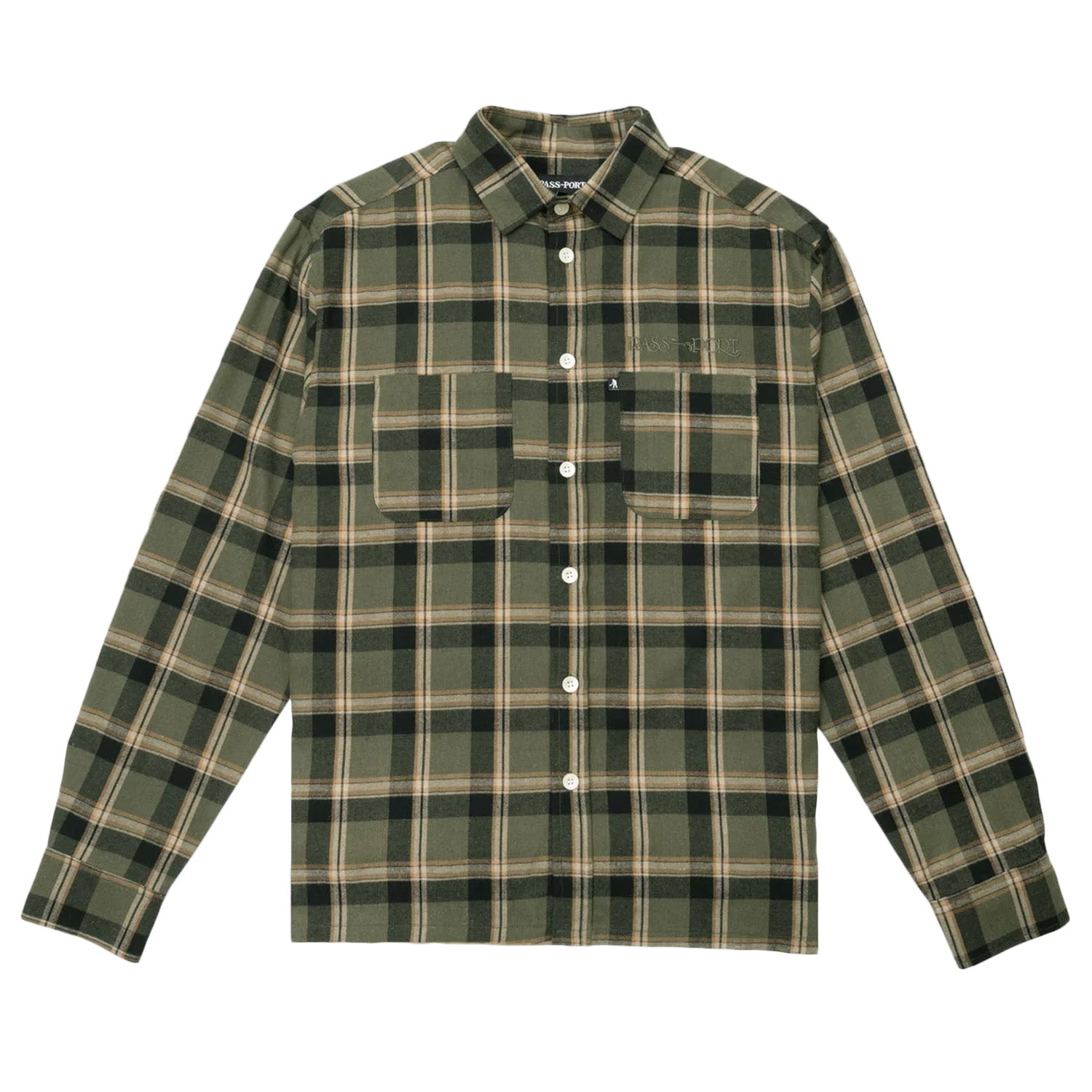 Passport Stem Logo Workers Check Shirt Long Sleeve 'Moss'