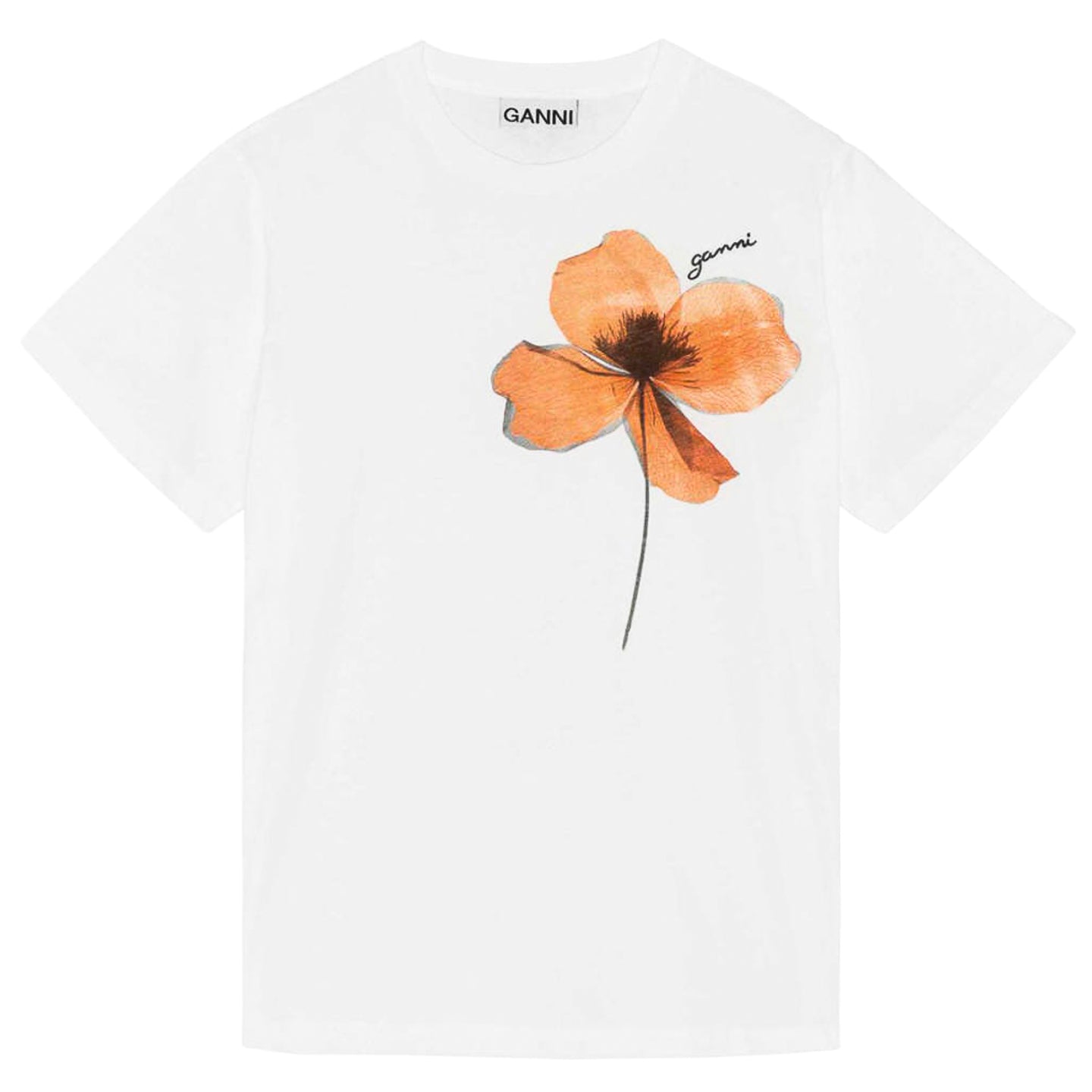 Ganni Light Cotton Jersey O-Neck Flower T-Shirt 'Bright White'