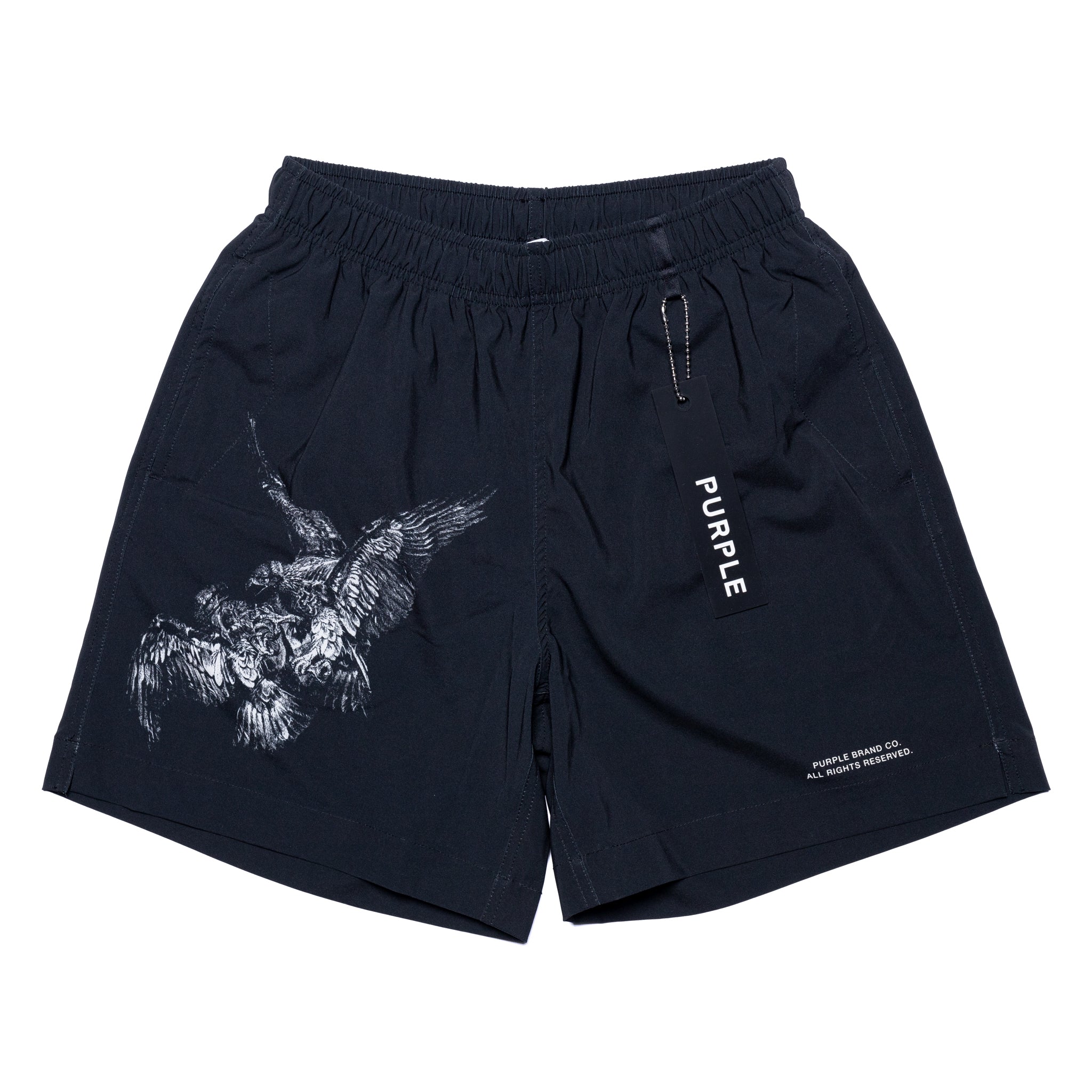 Purple Brand Black Bird Print Logo Swim Shorts