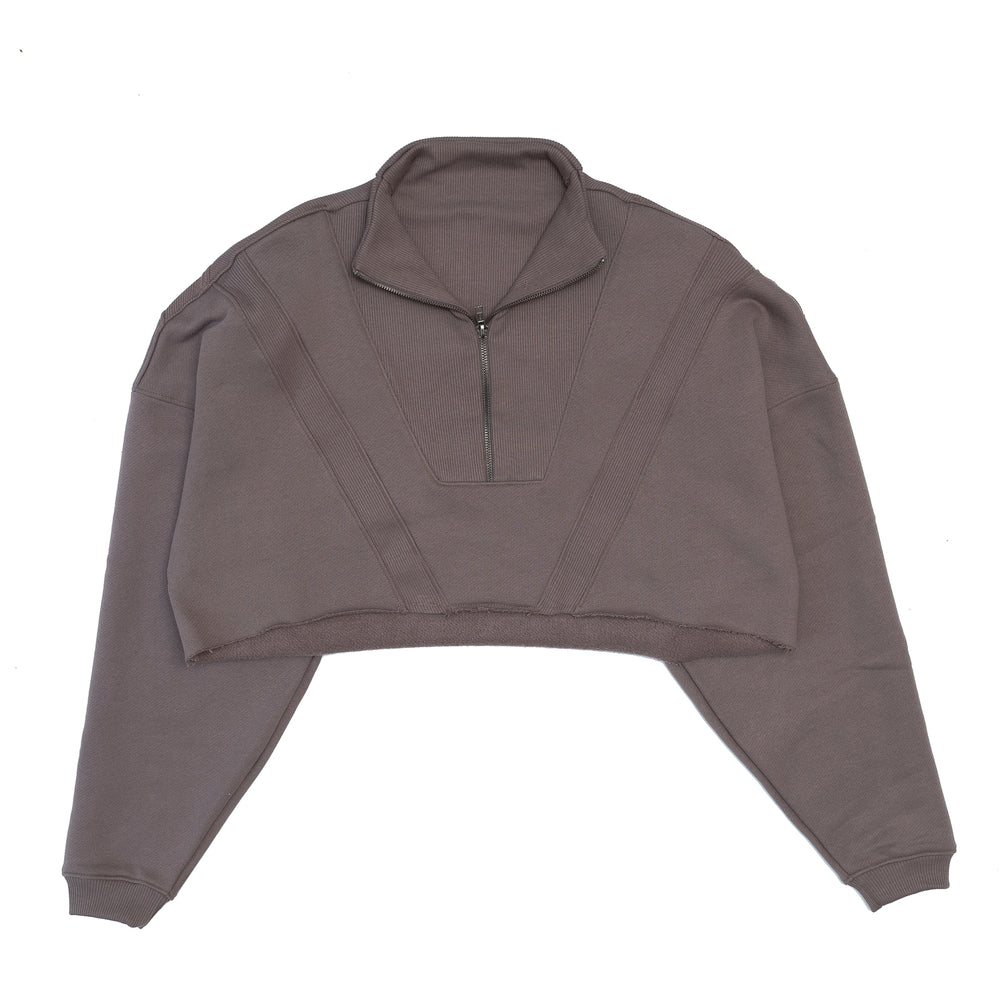 Joah Brown Half Zip Crop Pullover 'Peppercorn French Terry'